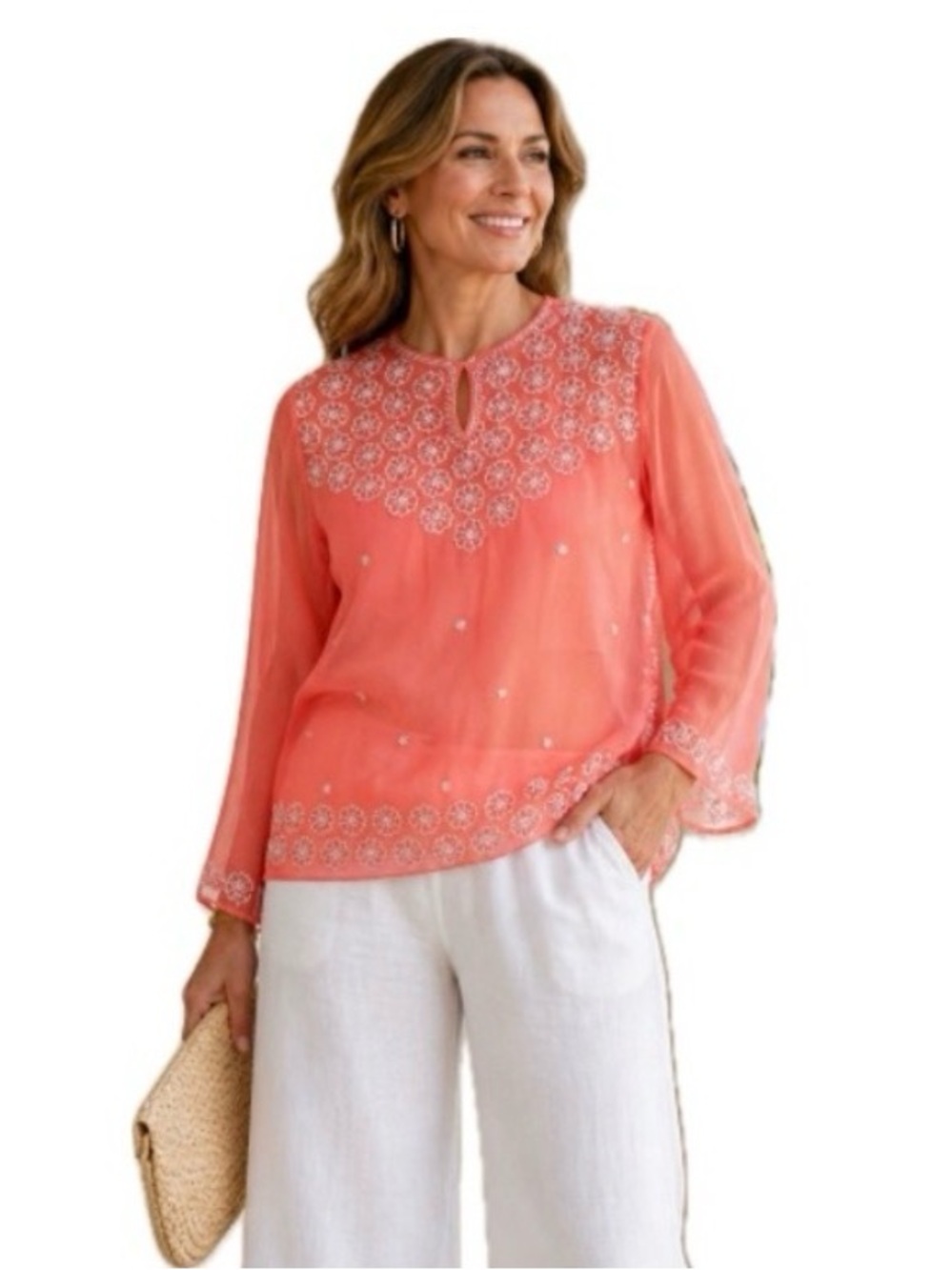 Cejon Coral, Embroidered Beaded Sheer Blouse Boho Resort Top, Size L NWT